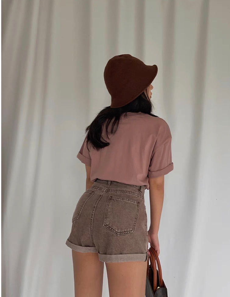 Street, Retro, Brick Red Letter Pattern Printed Short-sleeved T-shirt, Summer Loose Top AP00026