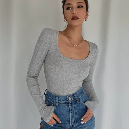 Sexy U-neck Long Sleeve Low-cut Tight Shirt Top Tee AP00022