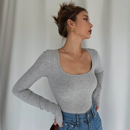 Sexy U-neck Long Sleeve Low-cut Tight Shirt Top Tee AP00022
