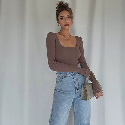 Sexy U-neck Long Sleeve Low-cut Tight Shirt Top Tee AP00022