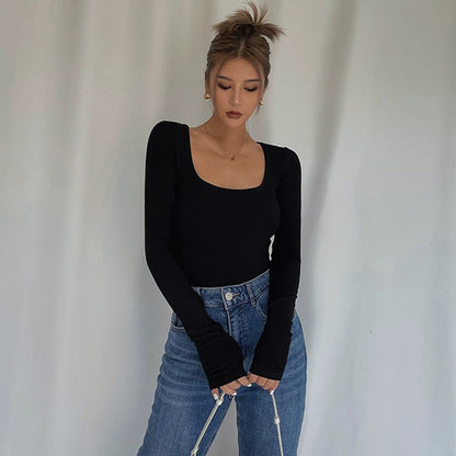 Sexy U-neck Long Sleeve Low-cut Tight Shirt Top Tee AP00022