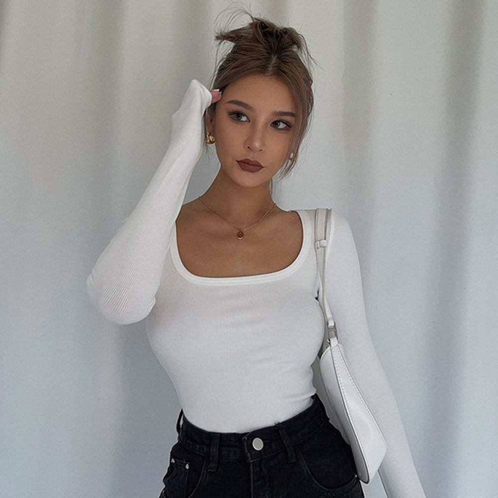 Sexy U-neck Long Sleeve Low-cut Tight Shirt Top Tee AP00022