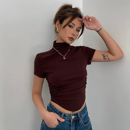 High Collar Short Sleeve Top Tight Ruffle High Waist Crop Shirt Top Tee AP00021