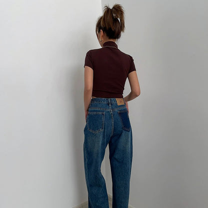 High Collar Short Sleeve Top Tight Ruffle High Waist Crop Shirt Top Tee AP00021