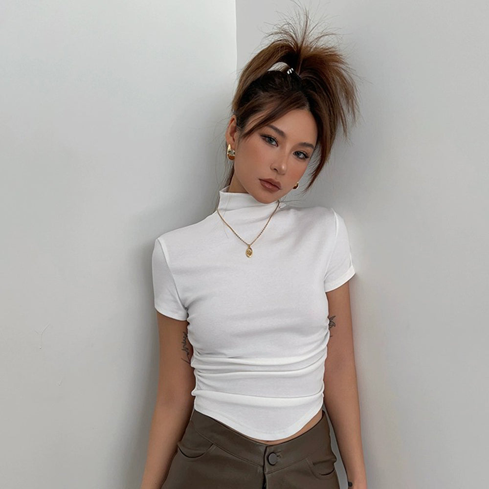 High Collar Short Sleeve Top Tight Ruffle High Waist Crop Shirt Top Tee AP00021