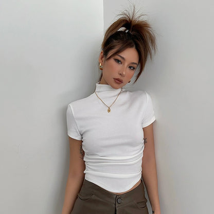 High Collar Short Sleeve Top Tight Ruffle High Waist Crop Shirt Top Tee AP00021