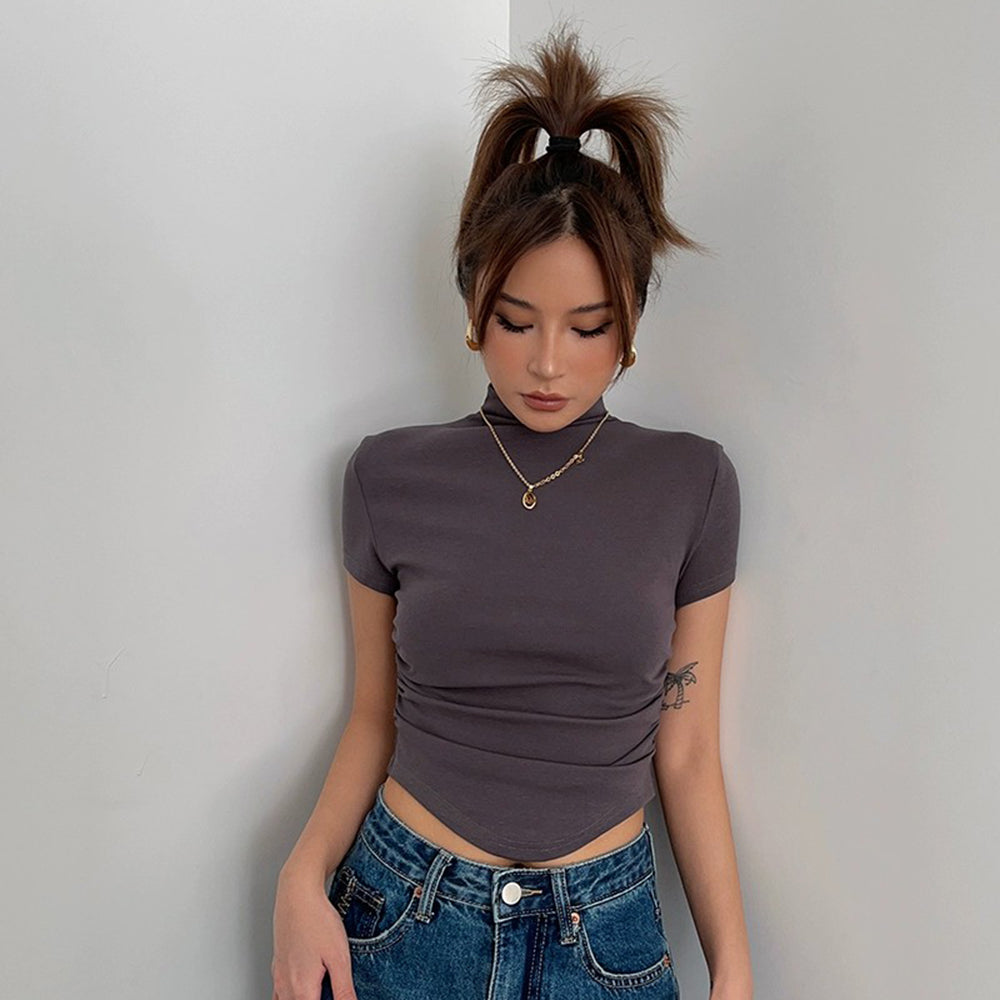 High Collar Short Sleeve Top Tight Ruffle High Waist Crop Shirt Top Tee AP00021