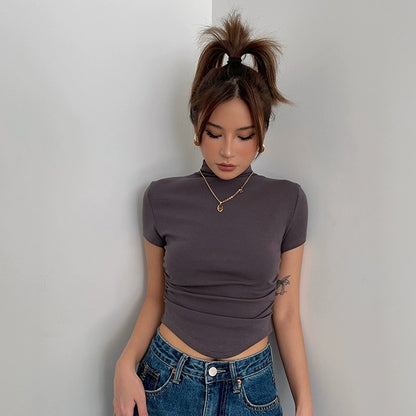 High Collar Short Sleeve Top Tight Ruffle High Waist Crop Shirt Top Tee AP00021