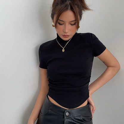 High Collar Short Sleeve Top Tight Ruffle High Waist Crop Shirt Top Tee AP00021
