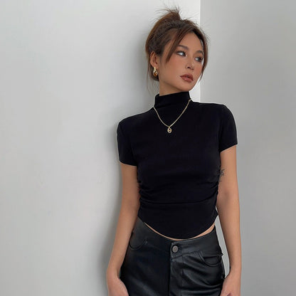 High Collar Short Sleeve Top Tight Ruffle High Waist Crop Shirt Top Tee AP00021