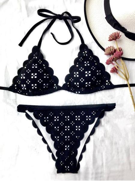 Sexy Halter Neck Scalloped Three Dots Type Knot Two Piece Bikini Lace Black AP000134