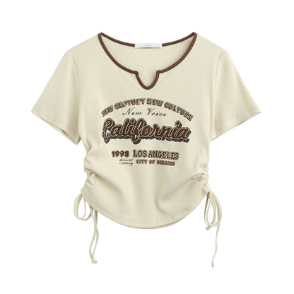 Drawstring Y2k T Shirt Women Letter Crop Top Americal Retro Short Sleeve Tees Korean Graphic Slim Summer T-shirt AP00029