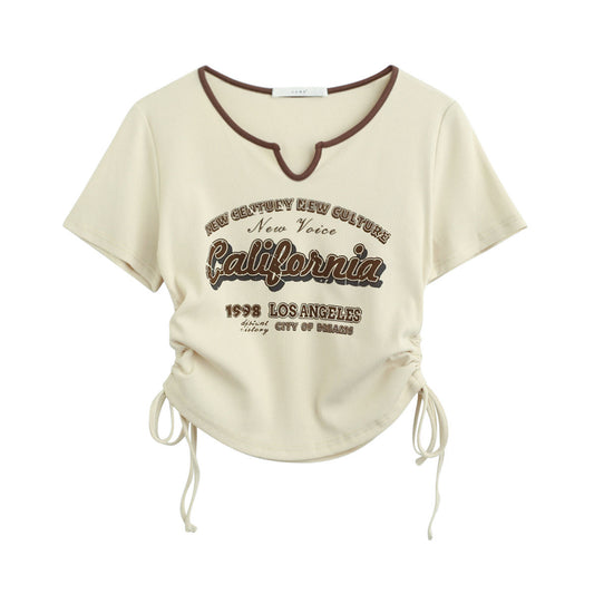 Drawstring Y2k T Shirt Women Letter Crop Top Americal Retro Short Sleeve Tees Korean Graphic Slim Summer T-shirt AP00029