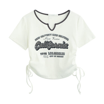Drawstring Y2k T Shirt Women Letter Crop Top Americal Retro Short Sleeve Tees Korean Graphic Slim Summer T-shirt AP00029