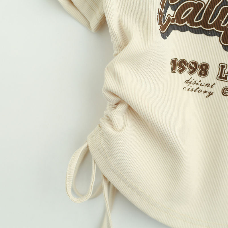 Drawstring Y2k T Shirt Women Letter Crop Top Americal Retro Short Sleeve Tees Korean Graphic Slim Summer T-shirt AP00029