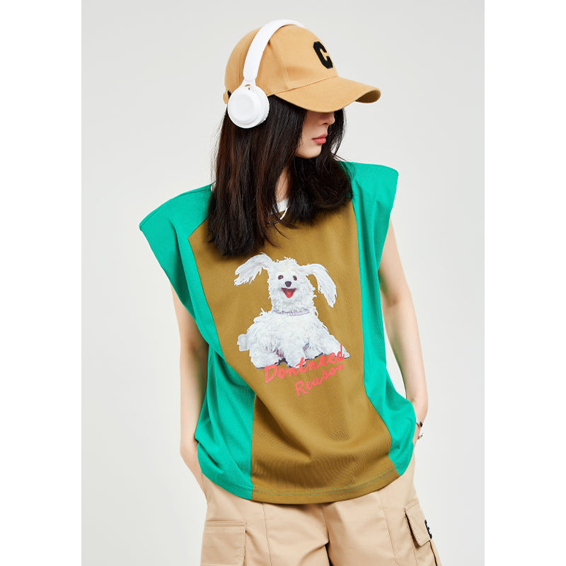 Green Designed Cotton Sleeveless Shoulder Padded T Shirt AP000163