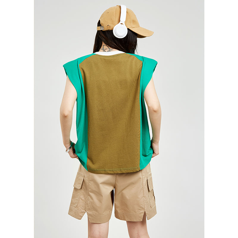 Green Designed Cotton Sleeveless Shoulder Padded T Shirt AP000163