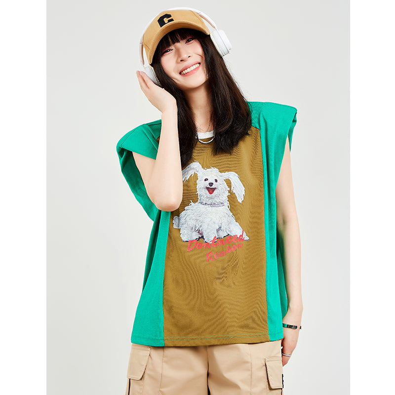 Green Designed Cotton Sleeveless Shoulder Padded T Shirt AP000163