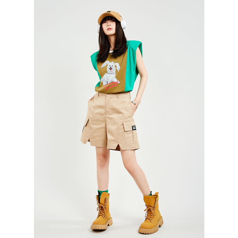 Green Designed Cotton Sleeveless Shoulder Padded T Shirt AP000163