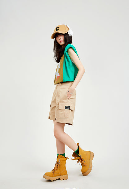 Green Designed Cotton Sleeveless Shoulder Padded T Shirt AP000163