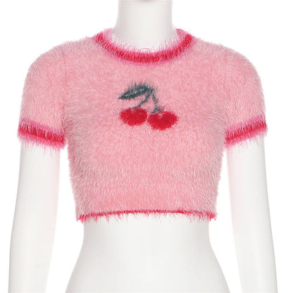 Fashion Cherry Design Midriff Baring Woven T Shirts AP00094