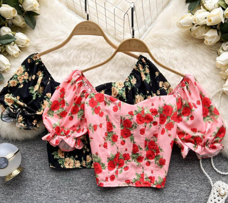 Summer Small Fresh French Floral Chiffon Shirt Women Short Long Sleeve Shirt Tide Top Square Collar Small Shirt AP000187