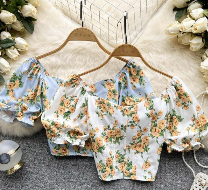 Summer Small Fresh French Floral Chiffon Shirt Women Short Long Sleeve Shirt Tide Top Square Collar Small Shirt AP000187
