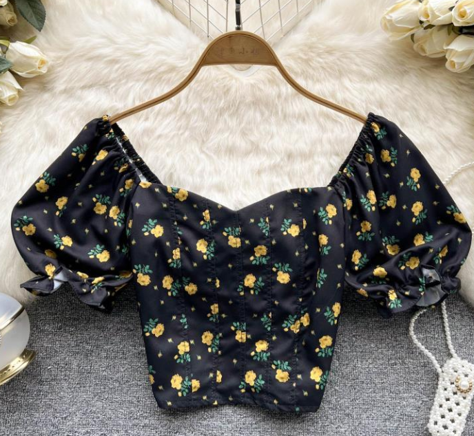 Summer Small Fresh French Floral Chiffon Shirt Women Short Long Sleeve Shirt Tide Top Square Collar Small Shirt AP000187