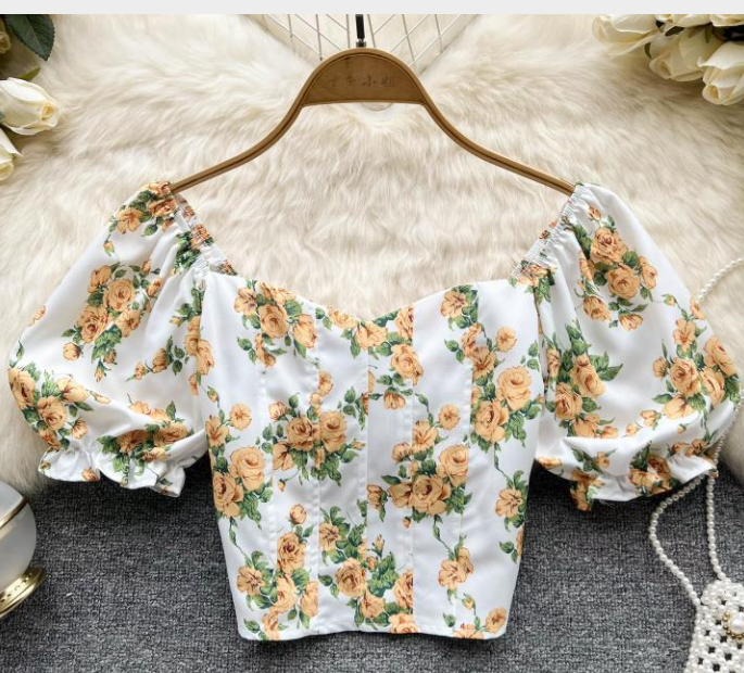 Summer Small Fresh French Floral Chiffon Shirt Women Short Long Sleeve Shirt Tide Top Square Collar Small Shirt AP000187