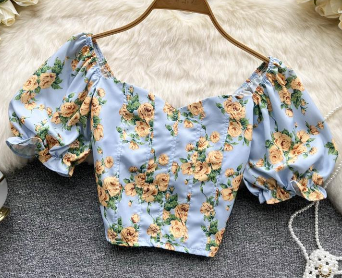 Summer Small Fresh French Floral Chiffon Shirt Women Short Long Sleeve Shirt Tide Top Square Collar Small Shirt AP000187