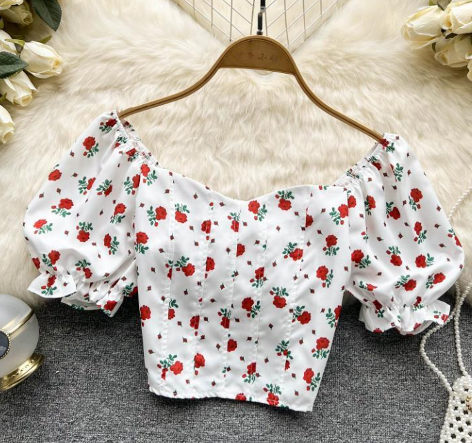 Summer Small Fresh French Floral Chiffon Shirt Women Short Long Sleeve Shirt Tide Top Square Collar Small Shirt AP000187