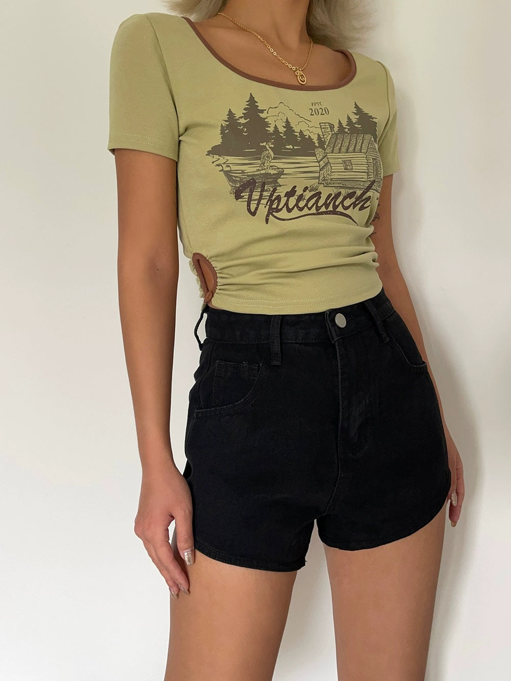 Cute Simple Stylish Printed Cut-out Short T-shirt AP000156