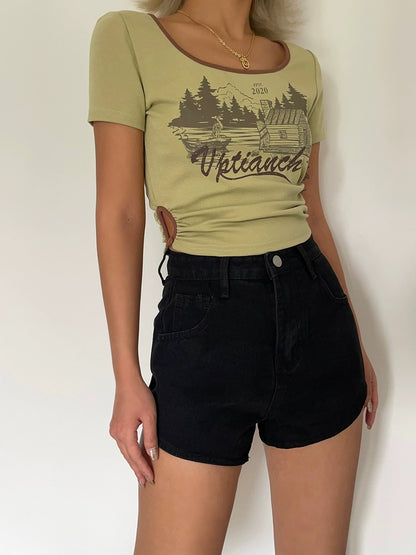 Cute Simple Stylish Printed Cut-out Short T-shirt AP000156