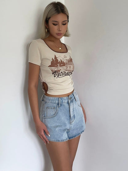 Cute Simple Stylish Printed Cut-out Short T-shirt AP000156