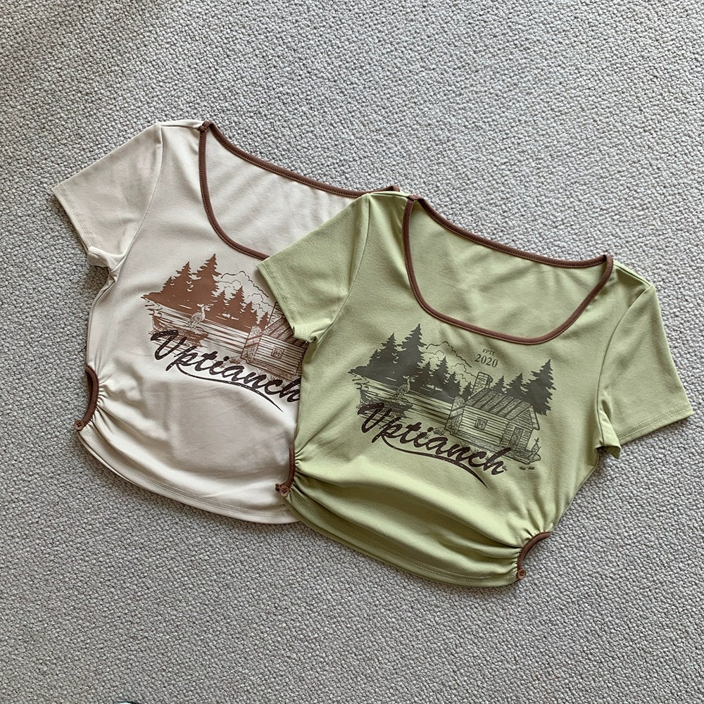 Cute Simple Stylish Printed Cut-out Short T-shirt AP000156