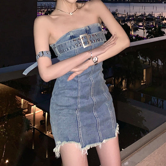 Women Strapless Bodycon Sexy Mini Denim Tube Dresses Slim Fit Trendy Club Dresses For Women Going Out Jean Dress AP00215