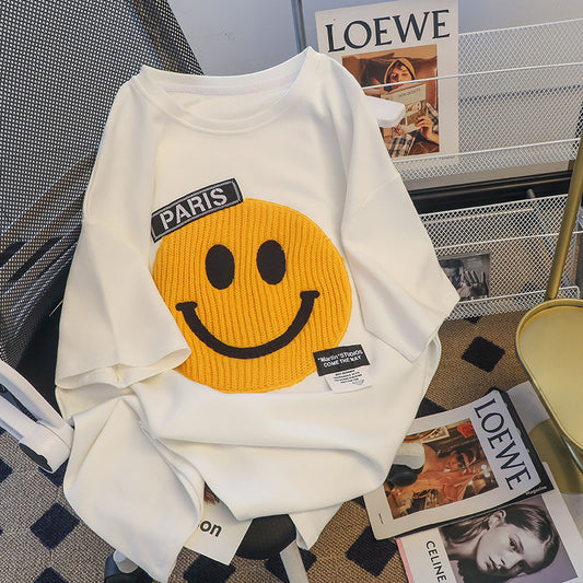 Summer Korean Fashion Tshirt For Women Sweatshirt Smile Embroidery Luxury Designer Loose Oversized Tops Women Clothes AP000155