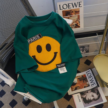 Summer Korean Fashion Tshirt For Women Sweatshirt Smile Embroidery Luxury Designer Loose Oversized Tops Women Clothes AP000155