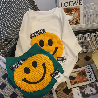 Summer Korean Fashion Tshirt For Women Sweatshirt Smile Embroidery Luxury Designer Loose Oversized Tops Women Clothes AP000155