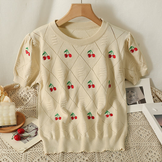 Women Sweet Flower Short Sleeve Cherry Embroidery Knitted Sweater Summer Korean Fashion Casual Pullover Ladies Knitwear AP000176