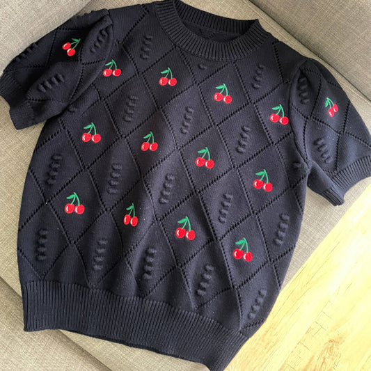 Women Sweet Flower Short Sleeve Cherry Embroidery Knitted Sweater Summer Korean Fashion Casual Pullover Ladies Knitwear AP000176