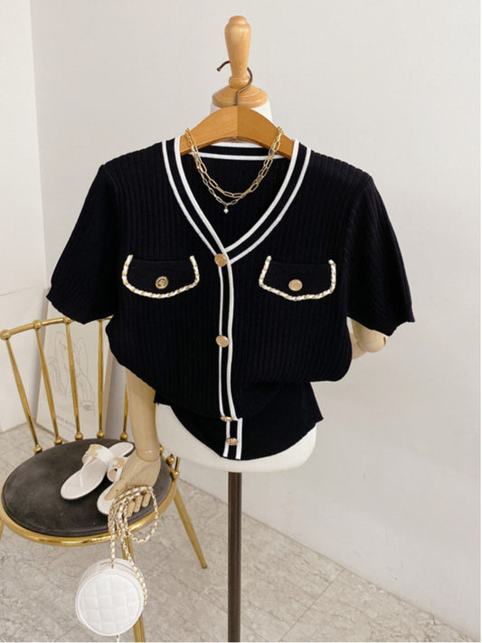 Korean Chic Small Fragrance Style Gold Button Knitted Top Women Contrast Color Sense Temperament Short V-neck Cardigan AP000179