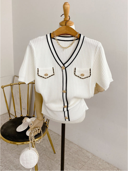 Korean Chic Small Fragrance Style Gold Button Knitted Top Women Contrast Color Sense Temperament Short V-neck Cardigan AP000179