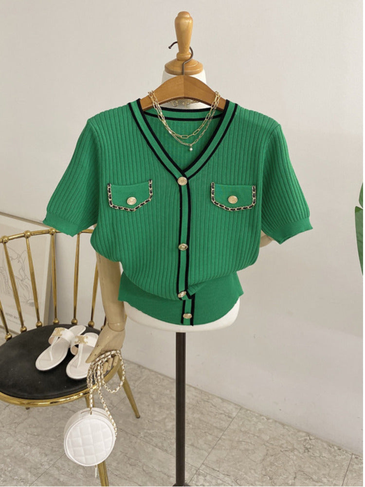 Korean Chic Small Fragrance Style Gold Button Knitted Top Women Contrast Color Sense Temperament Short V-neck Cardigan AP000179