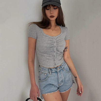 Ruffle Short Sleeve Cardigan Top Tight Solid Shirt Sexy Top AP00091