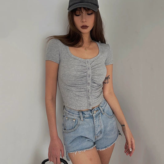 Ruffle Short Sleeve Cardigan Top Tight Solid Shirt Sexy Top AP00091