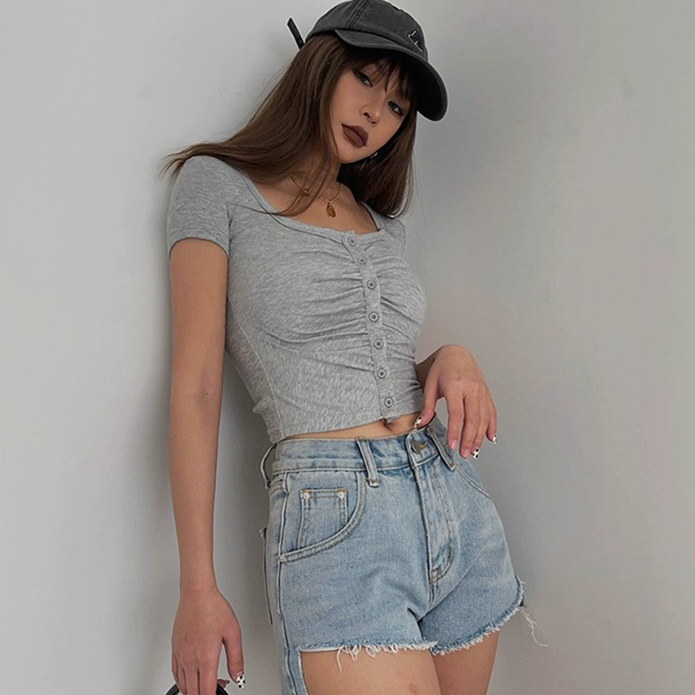 Ruffle Short Sleeve Cardigan Top Tight Solid Shirt Sexy Top AP00091