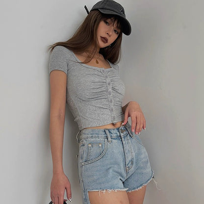 Ruffle Short Sleeve Cardigan Top Tight Solid Shirt Sexy Top AP00091