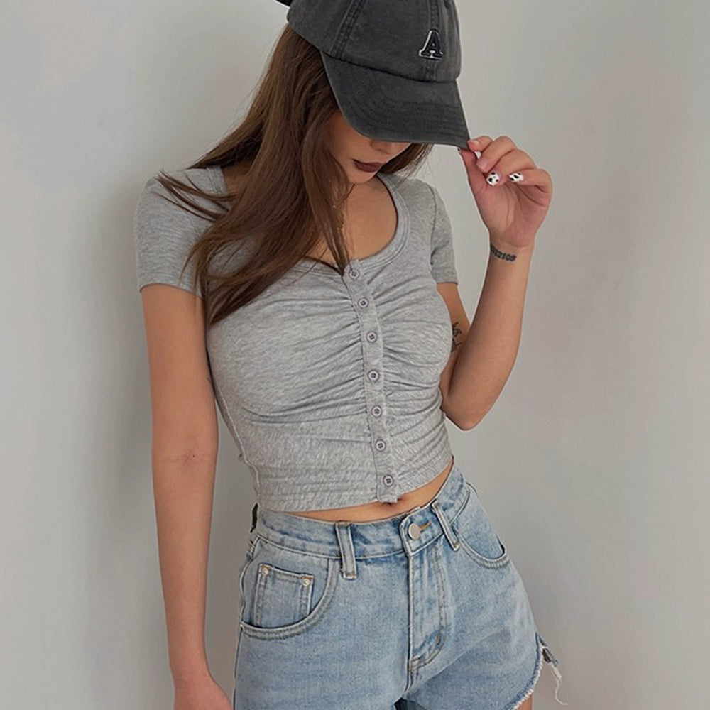 Ruffle Short Sleeve Cardigan Top Tight Solid Shirt Sexy Top AP00091