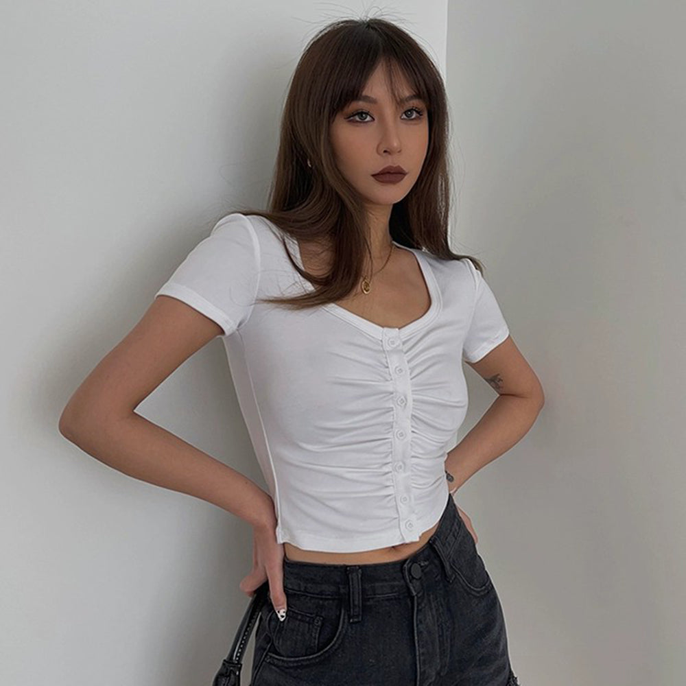 Ruffle Short Sleeve Cardigan Top Tight Solid Shirt Sexy Top AP00091